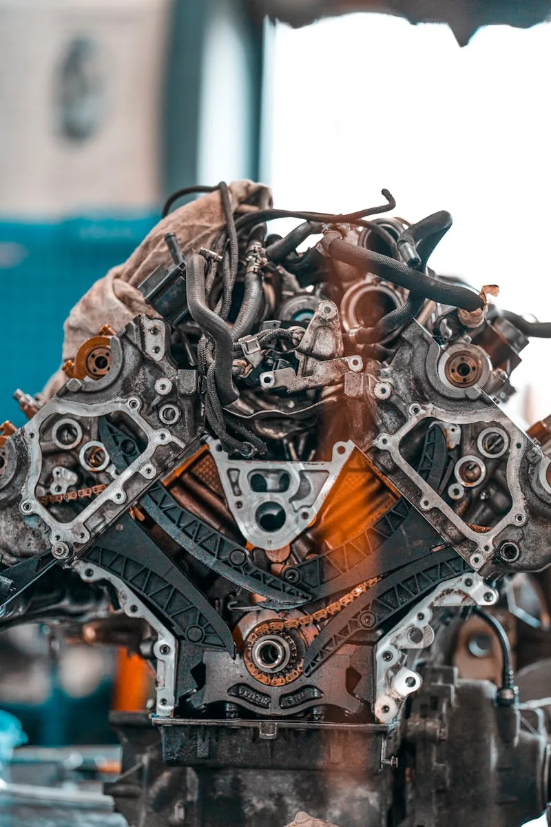 Moteur posé sur un établi en atelier